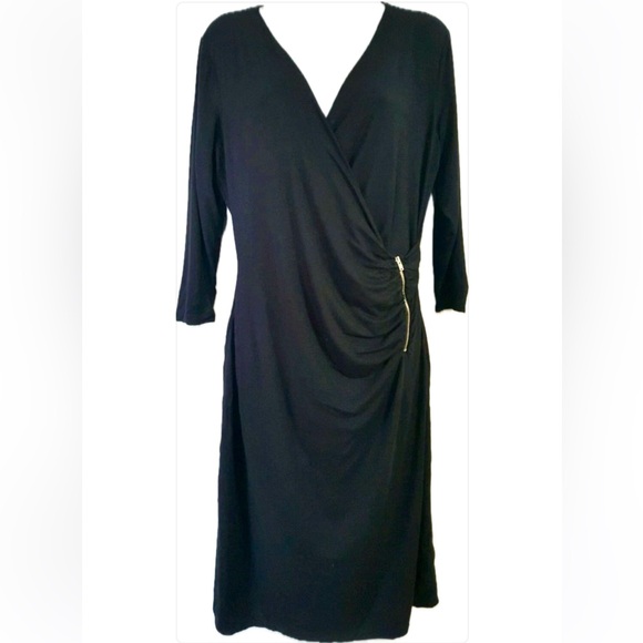 ATTENTION black 3/4 sleeves wrap dress with side zipper rouching size L NWT - Picture 2 of 10